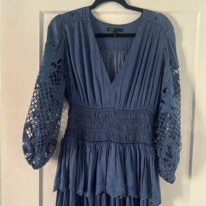 Blue V-Neck Dress with Lace Sleeves